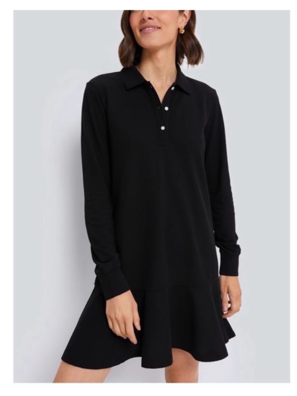 Tuckernuck Pique May Polo Dress, Long Sleeve, Ruffle Hem, Black, Large, NWT!